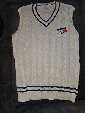 Toronto Blue Jays Off-White Cable Knit V-Neck Sleeveless Sweater Vest Blue Trim
